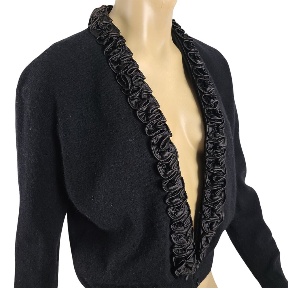 Dalton Cashmere Cardigan Vintage 50s Pinup Scroll Ruffle Trim Cinch Waist Black - Picture 8 of 16